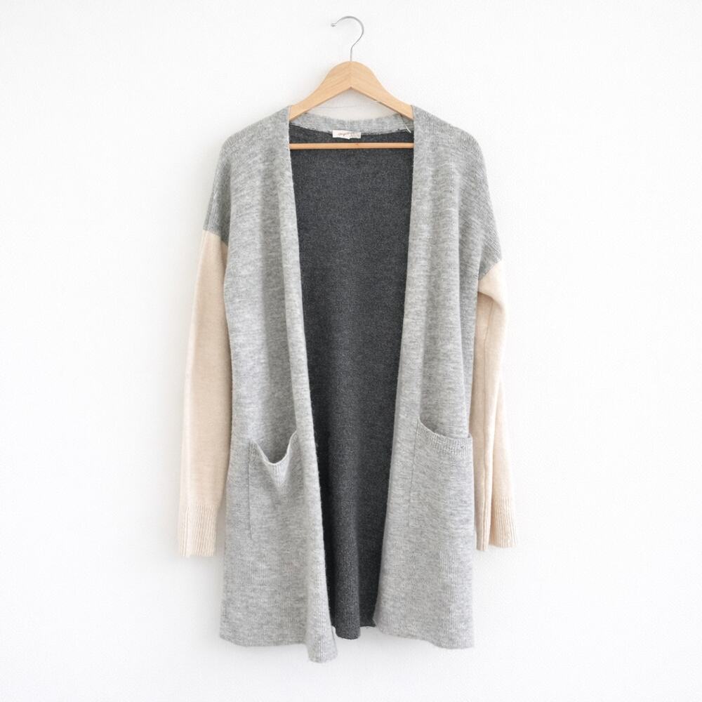 Mystree Open-Front Colorblock Cardigan Sweater Gray Cream S